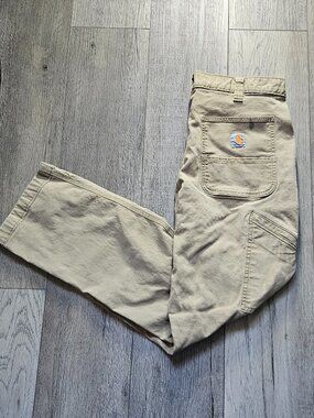Distressed Carhartt Mens 32x28 Rugged Flex Canvas Pants Tan Khaki Workwear